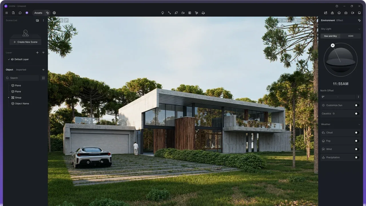 Giao diện D5 Render với mô hình kiến trúc, cây xanh và vật liệu